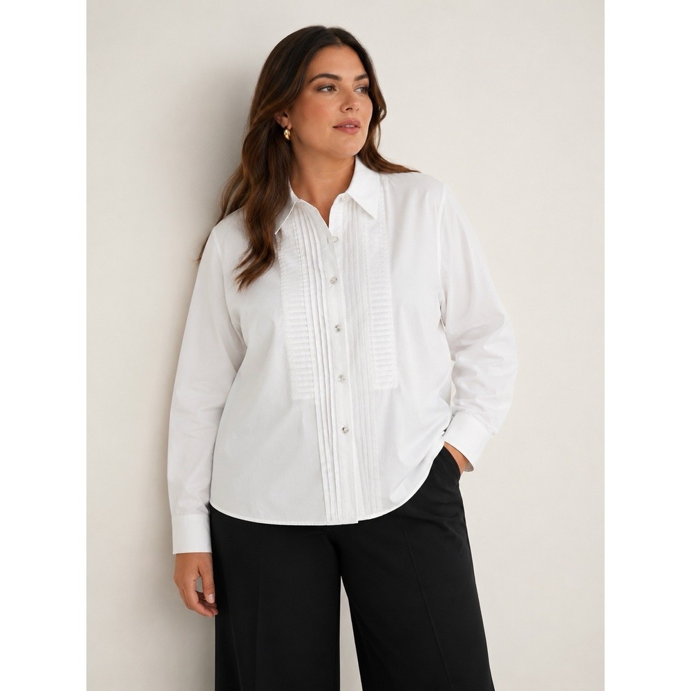 Marina Sport by Marina Rinaldi White Tuxedo Pleated Button-Front Size 16